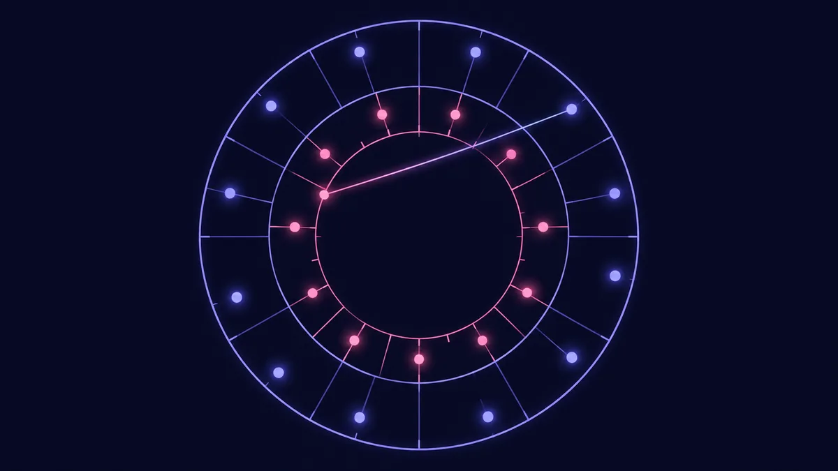 Synastry chart bi-wheel: one person's birth chart on the inner ring, the other's on the outer ring, with a single aspect line connecting a planet from each