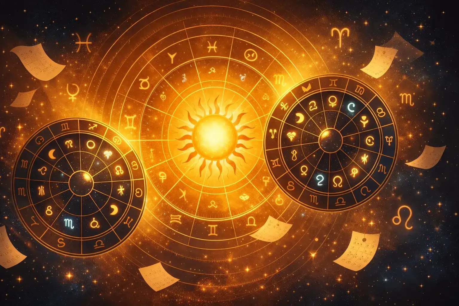 Solarreturn-Synastrie-Horoskop mit jährlicher Beziehungskompatibilität zwischen zwei Partnern